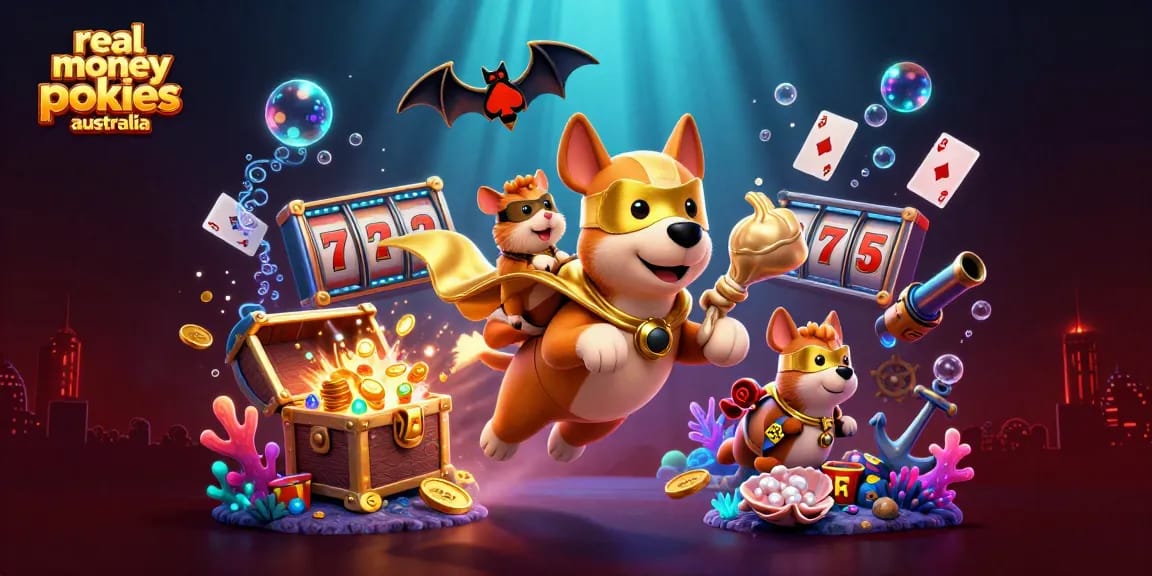 Experience real money pokies Australia with a superhero dog and hamster, enjoying the thrilling gaming atmosphere.