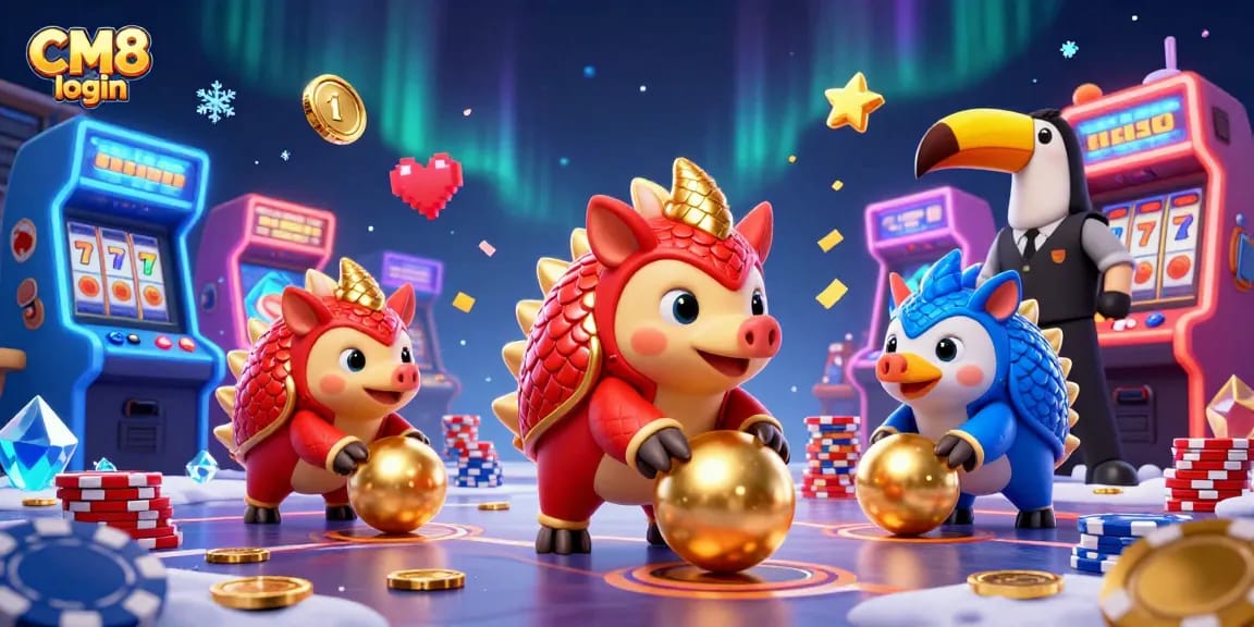 Experience excitement with CM8 login as rival pangolins roll into golden balls amidst casino games.