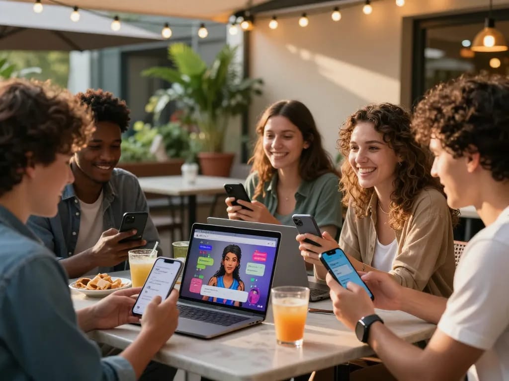 Group of friends engaging in an ai chat nsfw conversation outdoors, showcasing dynamic interactions and AI character displays.