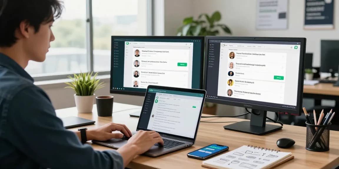 Professional using WhatsApp電腦版 on a modern workspace with laptops and tablets.