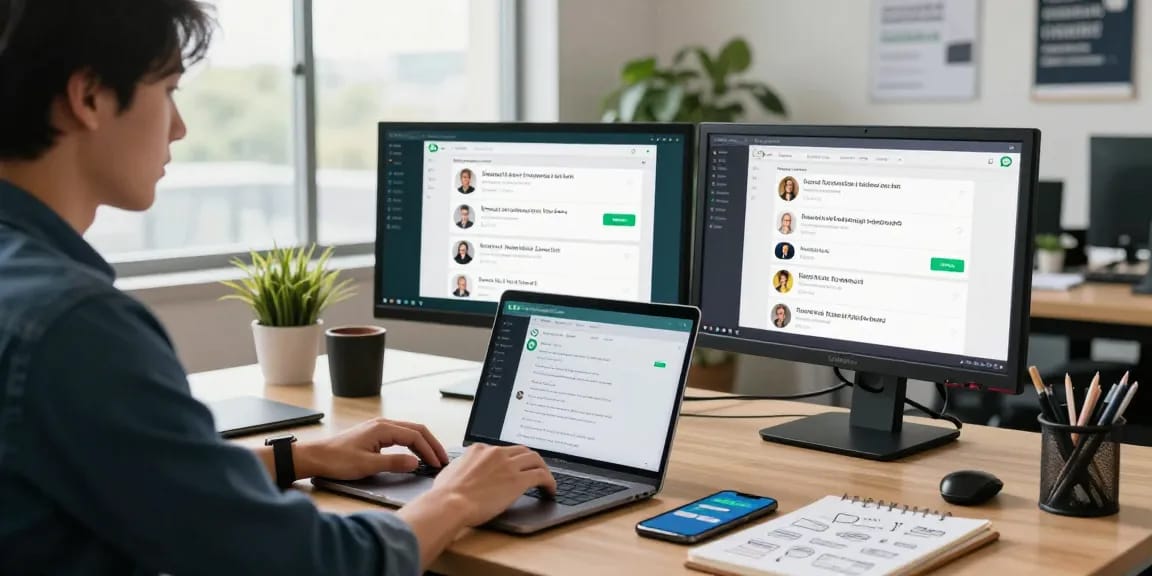 Professional using WhatsApp電腦版 on a modern workspace with laptops and tablets.