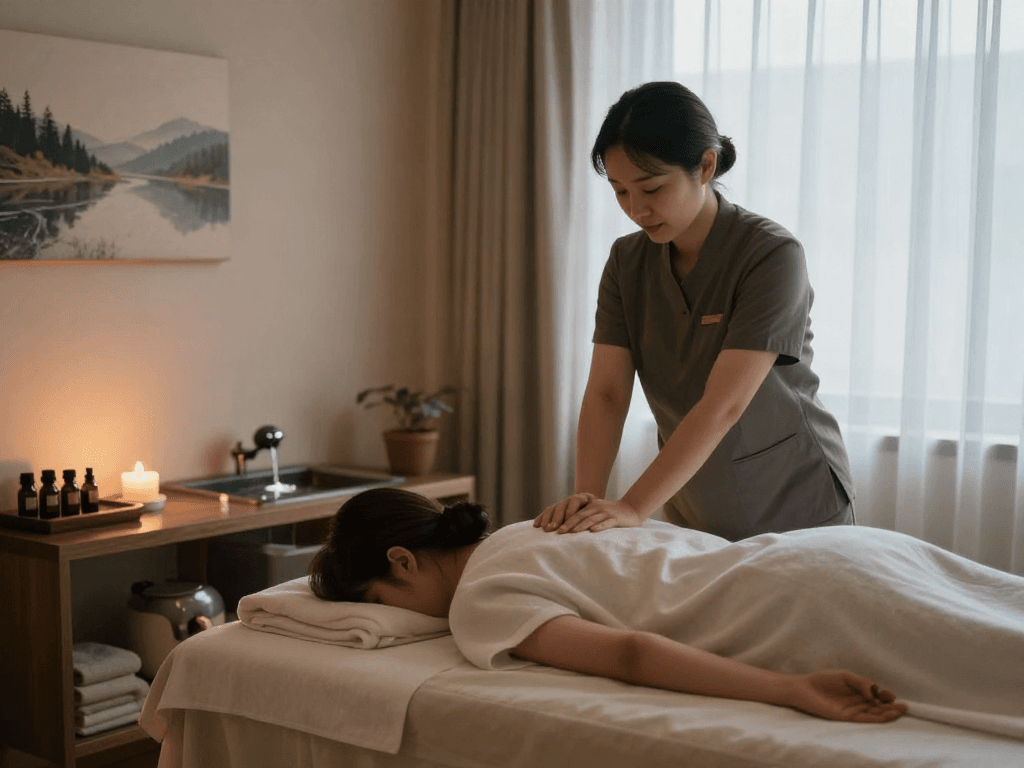 양주출장안마 in a tranquil massage therapy room with calming elements.