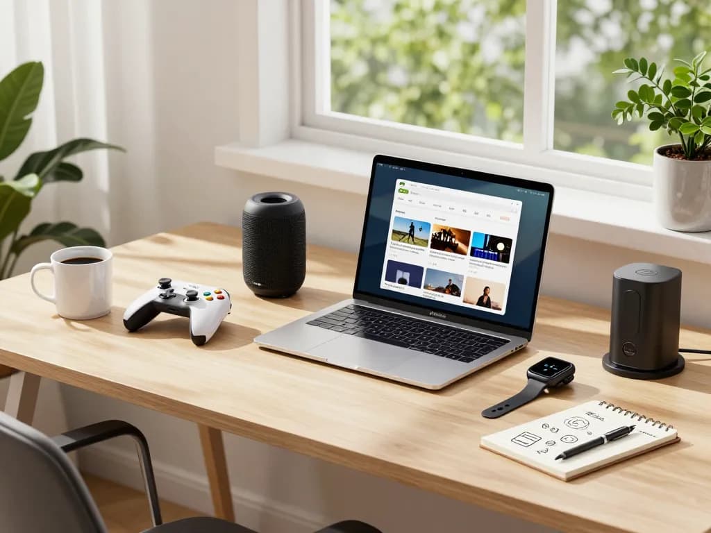 Enthusiastic workspace featuring affordable tech gadgets like a gaming controller and smartwatch, set in a bright home office.