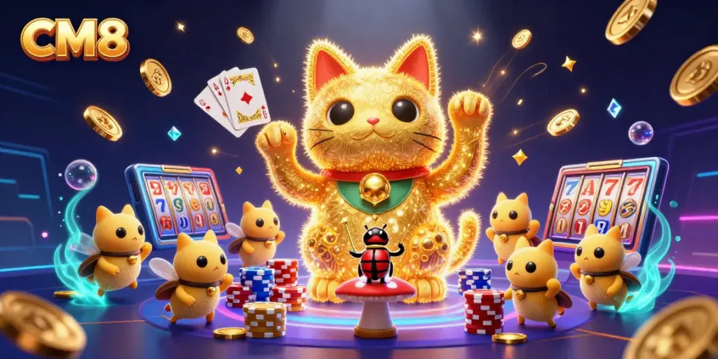 Catch the excitement of CM8 with a giant lucky cat symbolizing fortune and fun in a colorful casino scene.