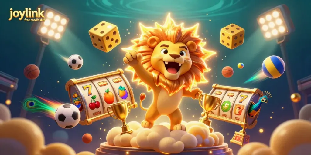 Experience the thrill of the joylink free credit slot with dynamic characters and casino elements in this vibrant illustration.
