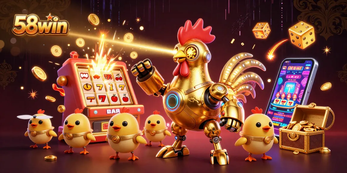 Exciting 58win casino game scene with a golden rooster robot and baby chicks celebrating a jackpot.