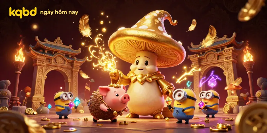 KQBD ngày hôm nay showcases a magical scene with a golden mushroom wizard and treasure-seeking characters in a vibrant gambling atmosphere.