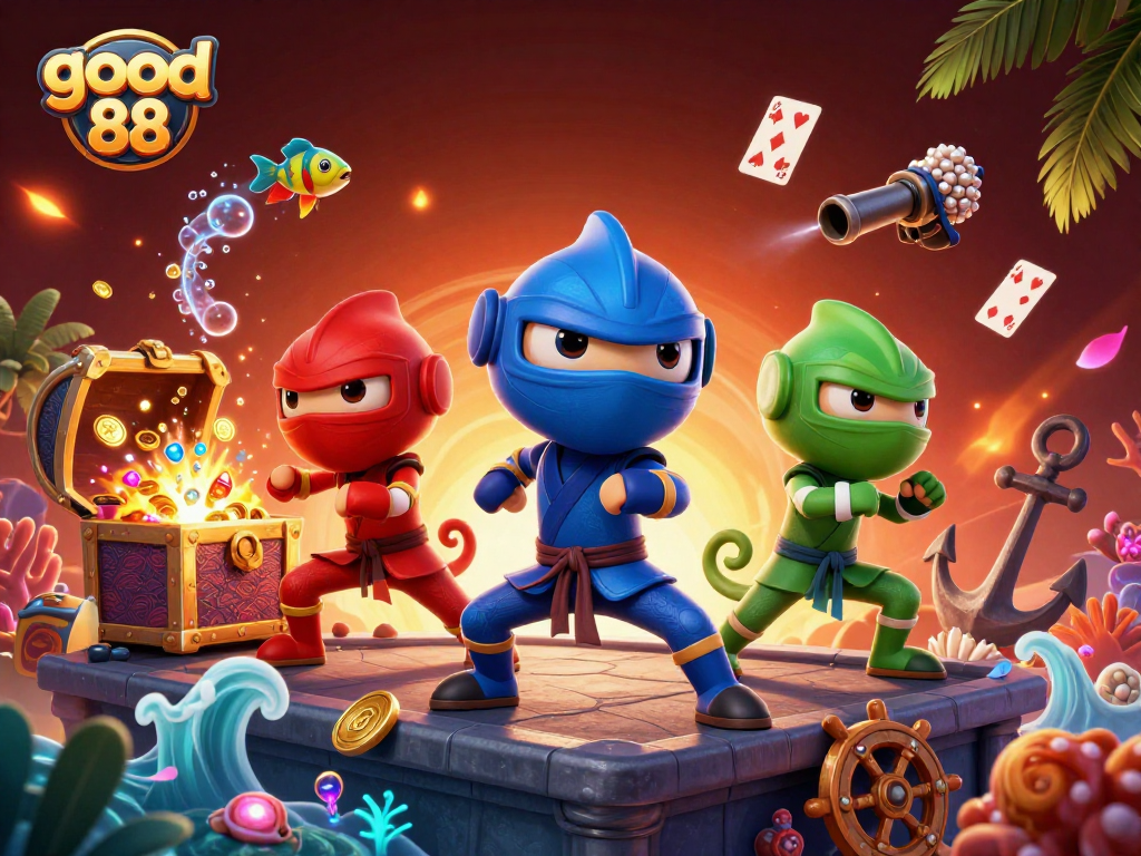 Join the excitement of good 88 with vibrant gaming scenes featuring ninja chameleons amidst treasure-filled chaos.