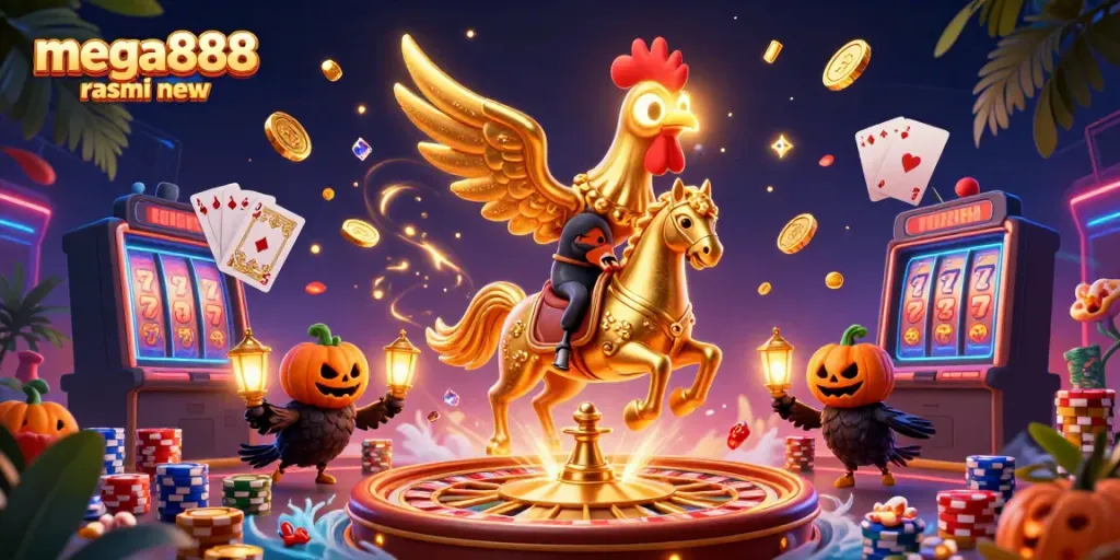 Experience mega888 rasmi new with thrilling casino adventures featuring golden rooster and vibrant elements.