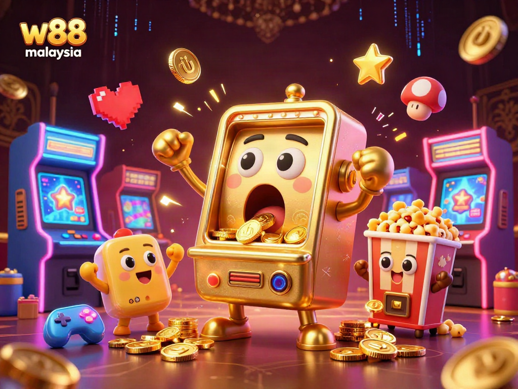 Experience the excitement of w88 Malaysia with its lively slot machine characters celebrating big wins amidst a vibrant casino setting.