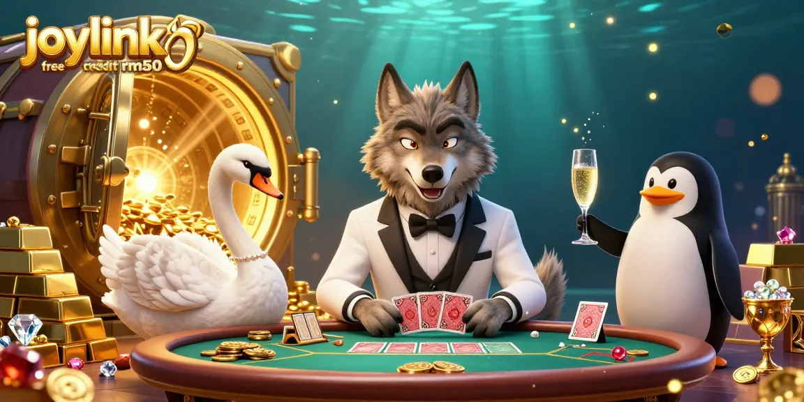 Engage in the thrill of baccarat with joylink free credit rm50 at a vibrant casino scene featuring dazzling characters and treasures.