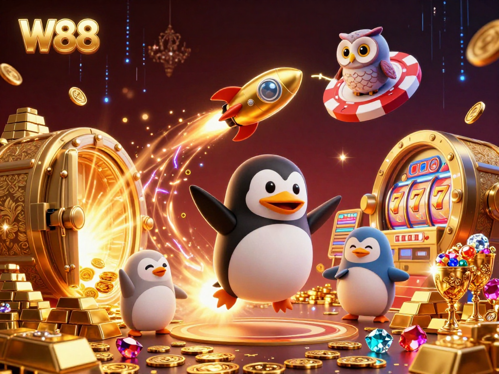 Win big with W88's exciting slot games featuring a golden penguin and jackpot elements.