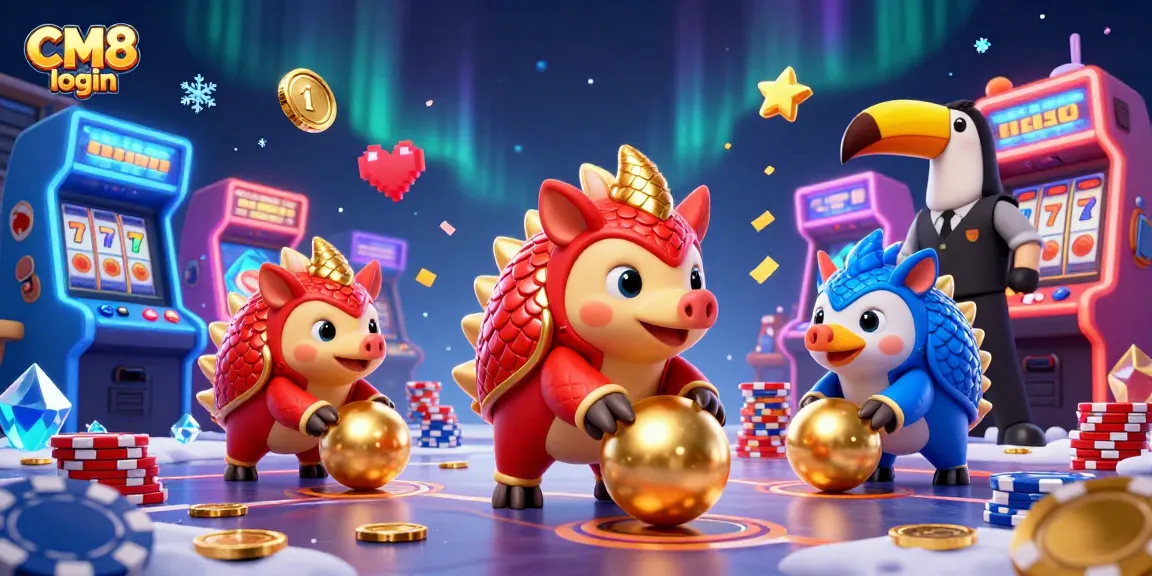 Experience excitement with CM8 login as rival pangolins roll into golden balls amidst casino games.