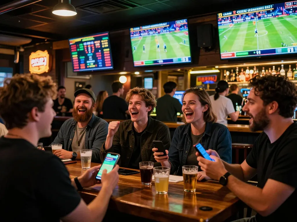 Engaging in sports betting action at a lively bar while tracking m88 odds on smartphones.
