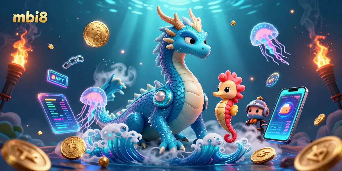 Win exciting prizes at mbi8, featuring a playful water dragon and vibrant neon elements.