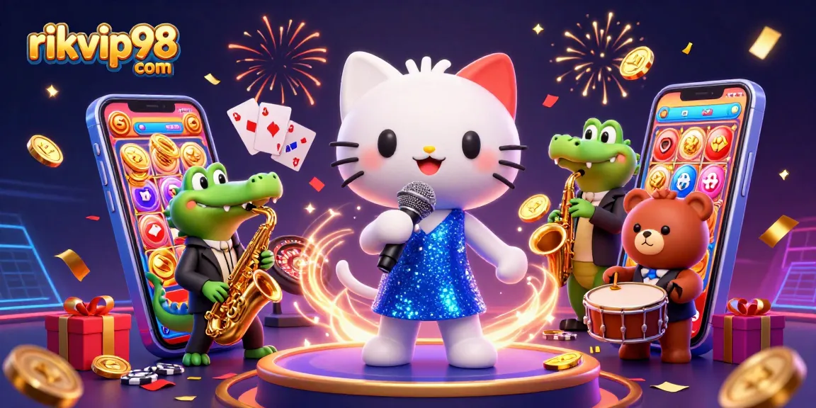 Experience excitement at rikvip98 com with cartoon characters celebrating gaming wins in a lively casino scene.