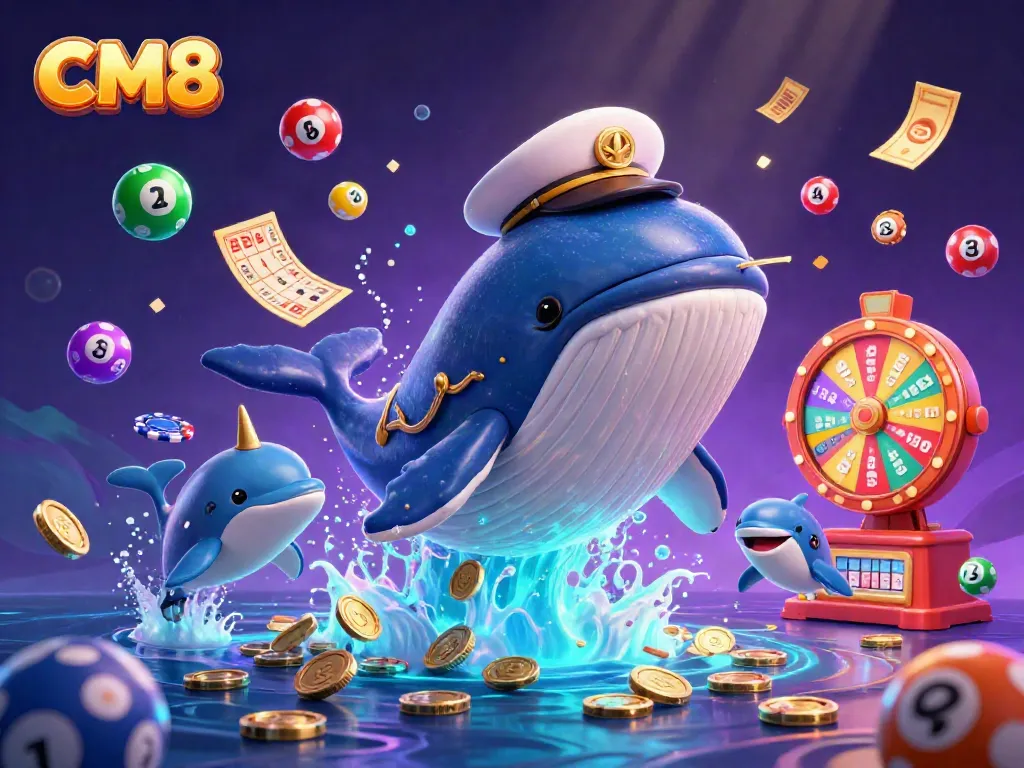 CM8 whales celebrate winnings in a vibrant casino-themed underwater scene full of excitement.