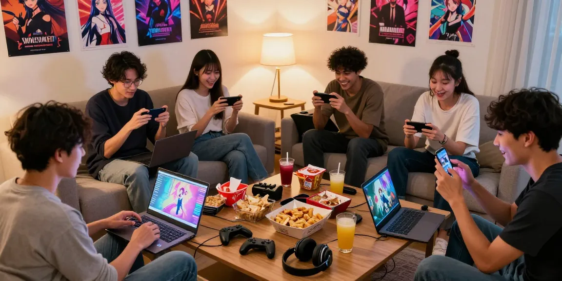 Exciting scene of friends playing free hentai games on various devices in a cozy living room.