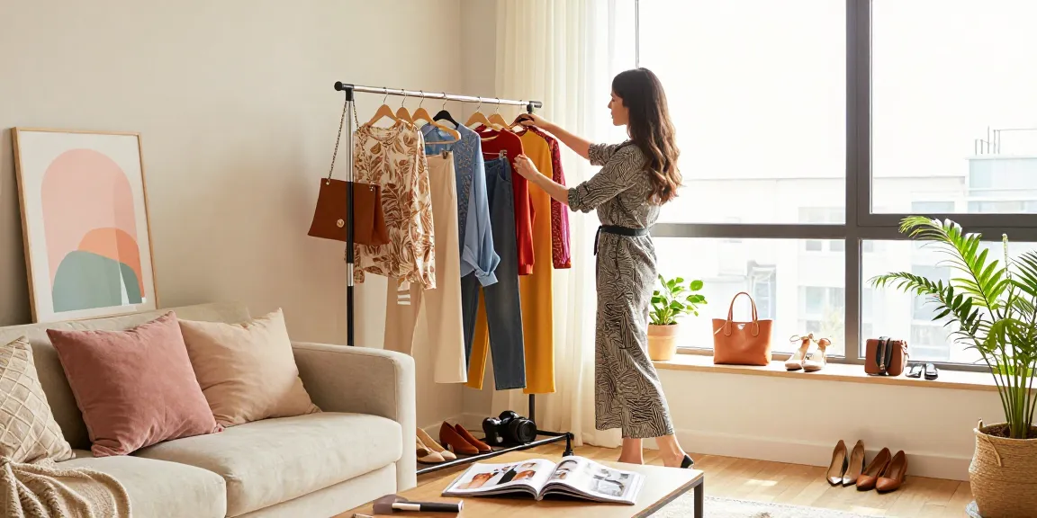Stylish woman curating her wardrobe inspired by https://www.sukan8a.com/ in a modern cozy apartment.