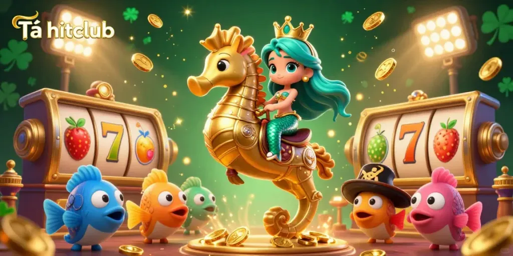 Tải hitclub and win in this vibrant, enchanting casino scene featuring a mermaid princess with gold elements.