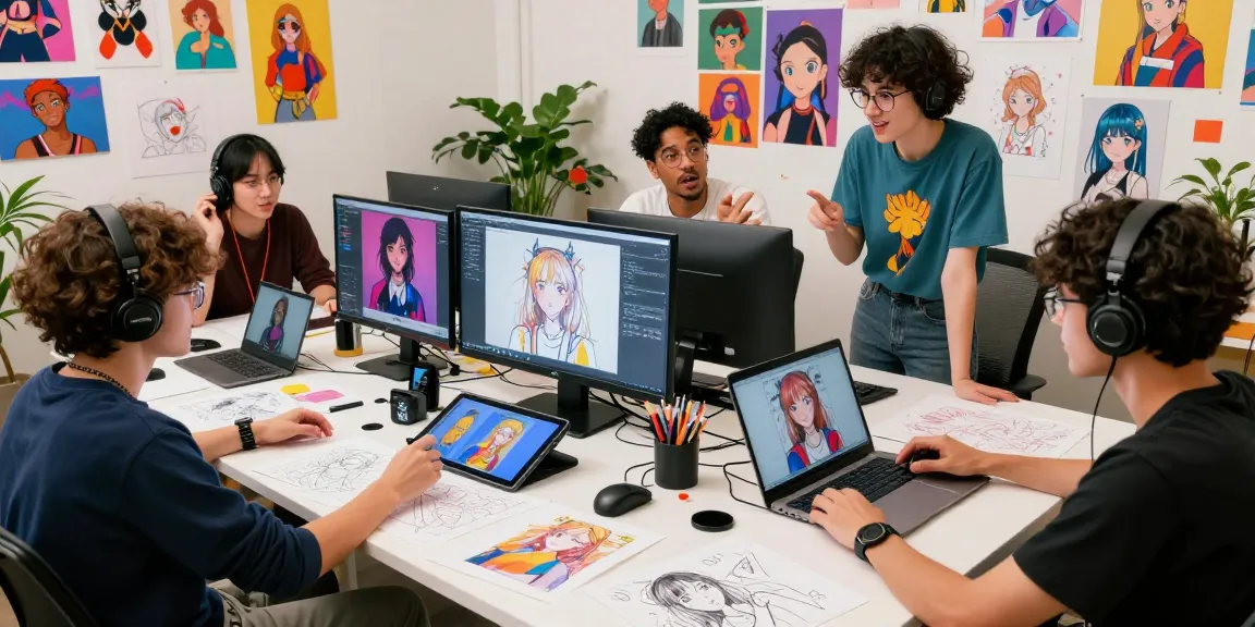 Creative collaboration on AI ecchi art in a vibrant studio.