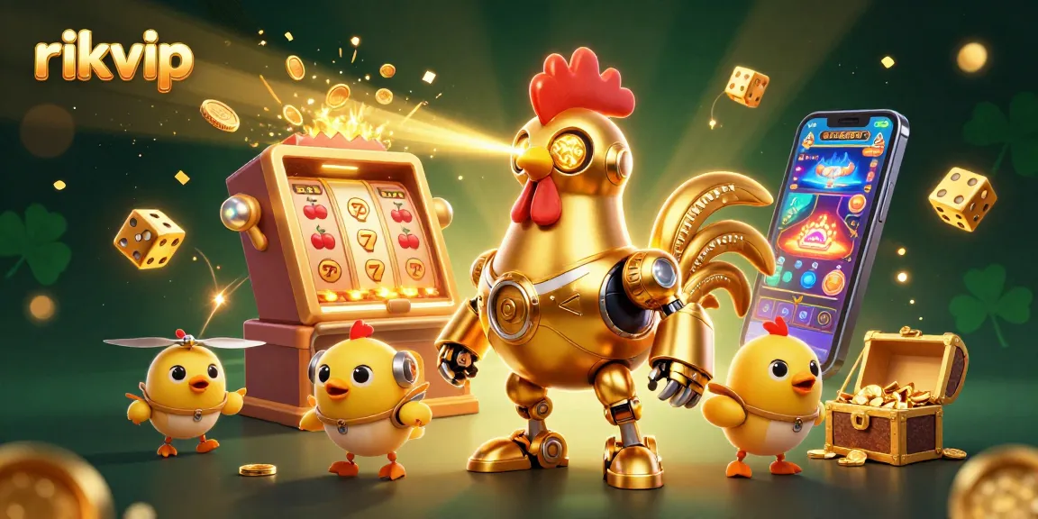 Experience thrilling gaming action at rikvip with a golden rooster robot and vibrant casino elements.