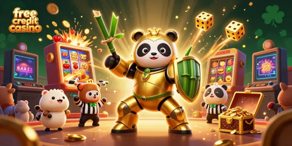 Engage in thrilling casino action with this vibrant illustration featuring a golden panda in a mech suit showcasing the exciting world of free credit casino.