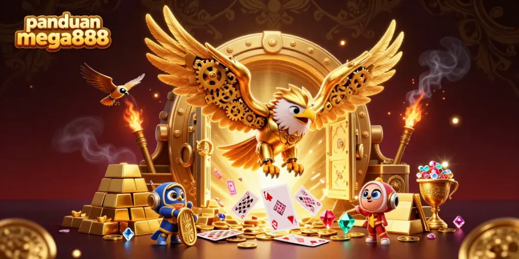 Experience the thrill of playing panduan mega888 with a dynamic scene featuring animated characters and casino elements.