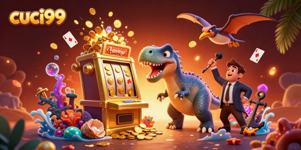 Cuci99 engaging casino experience with animated characters celebrating a jackpot win.