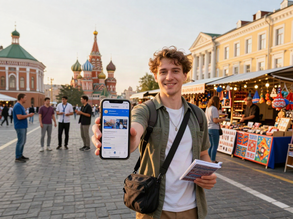 Pengembara menggunakan https://payinrussia.com/ di kawasan bandar Rusia yang meriah.