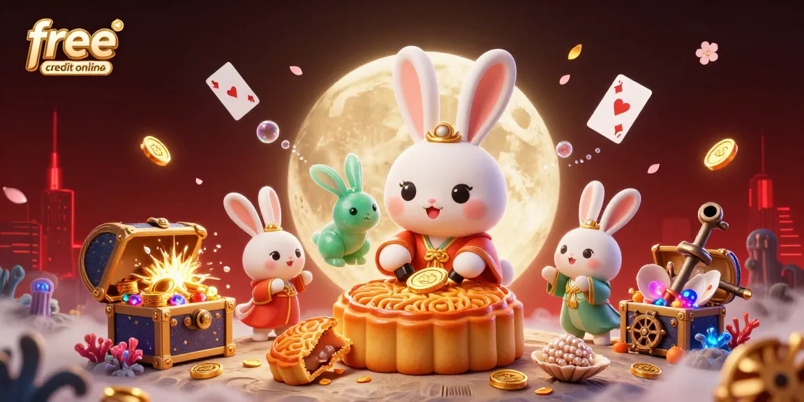 Claim free credit online with engaging casino-themed illustration featuring lunar elements and games.