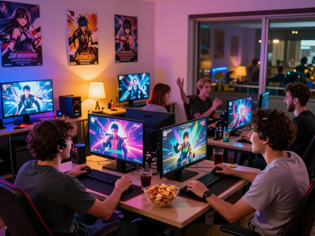 Engaged adults playing various interactive porno games in a vibrant gaming setup.