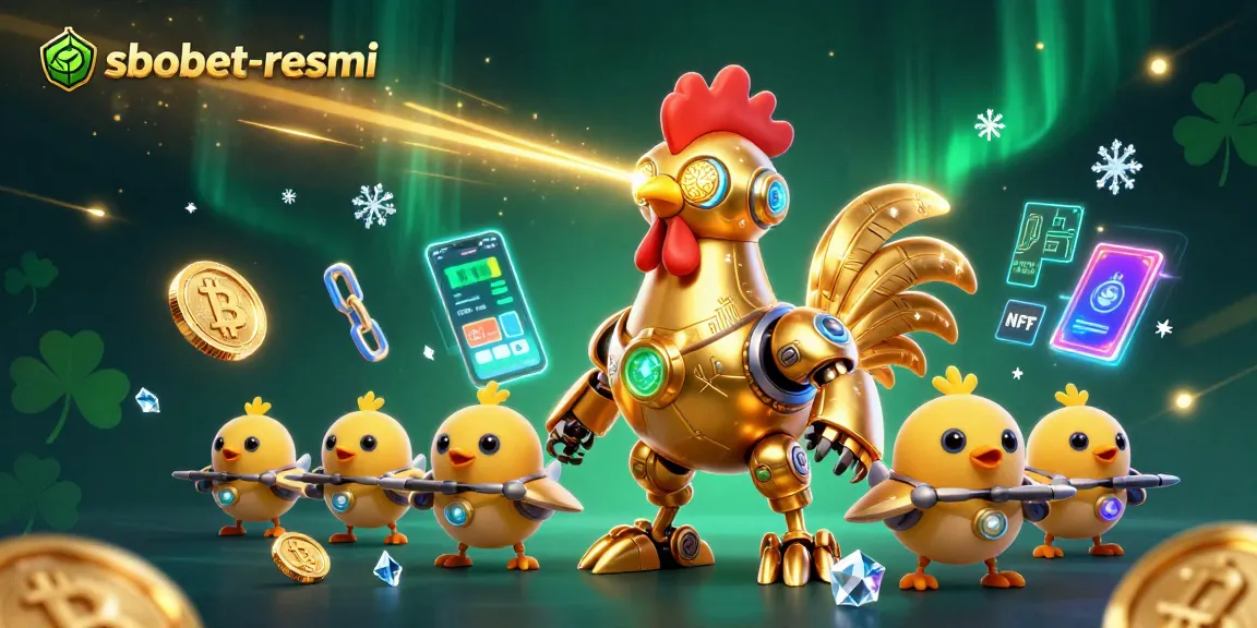 Engage with sbobet-resmi by exploring 3D digital illustration showcasing a golden rooster robot and cryptocurrency elements.
