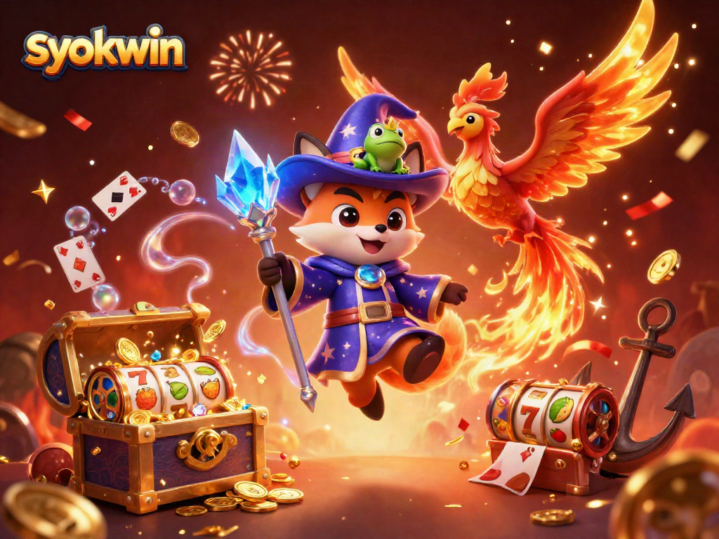 Experience syokwin with a mystical wizard, phoenix, and treasure in an enchanting casino scene.