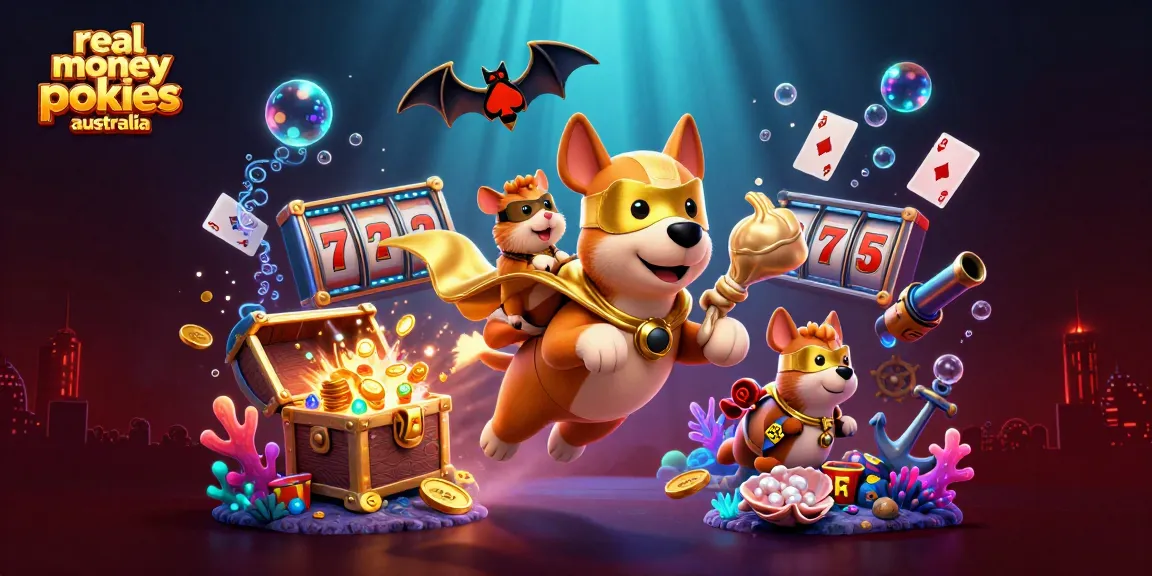 Experience real money pokies Australia with a superhero dog and hamster, enjoying the thrilling gaming atmosphere.