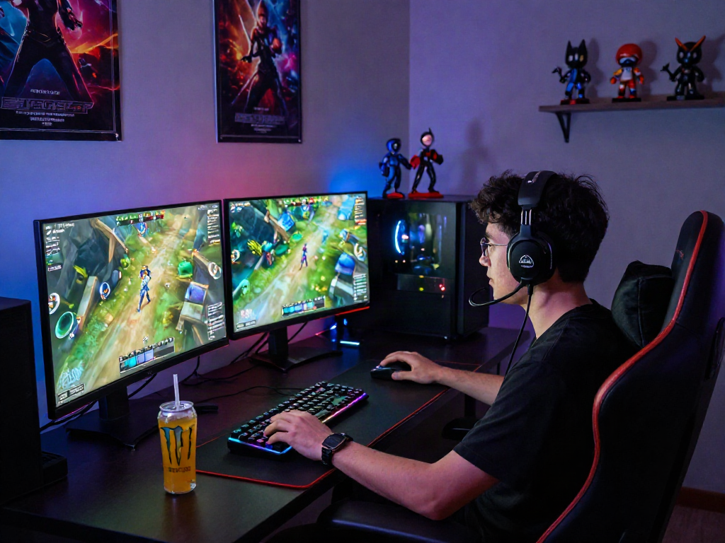 Gamer immersed in action at gaming desk with rokok88 alternatif highlighted on multiple screens