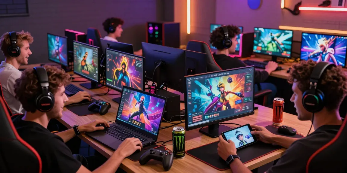 Exciting scene of players engaged in porno game on various devices, showcasing colorful gaming interfaces and lively atmosphere.