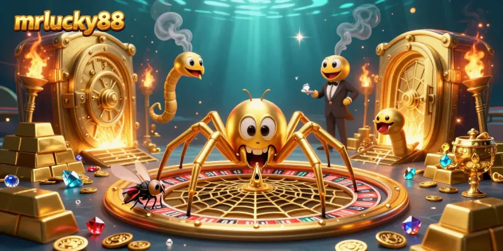 Place bets with mrlucky88 in a vibrant casino scene featuring a spider spinning a roulette web.