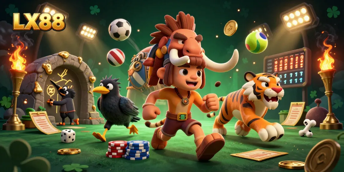 Engage with LX88 at a prehistoric casino featuring sports elements and dynamic betting activities.