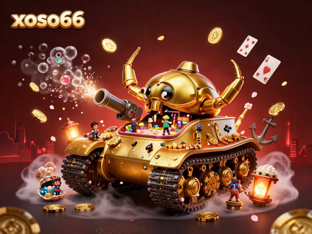 Experience the vibrant casino adventure of xoso66, featuring a golden beetle tank revealing a mini casino.