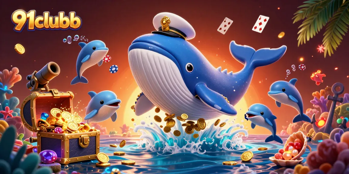 Engage with 91clubb's thrilling underwater gaming world featuring colorful whales and poker chips.