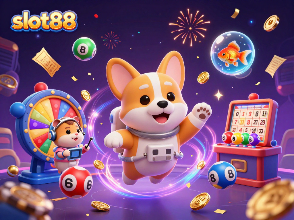 Enjoy thrilling moments at slot88 with a whimsical casino scene featuring a floating corgi, vibrant games, and magical energy.