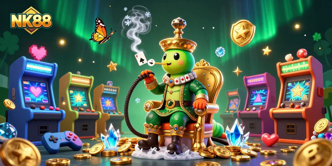 NK88 offers a vibrant gaming experience with engaging elements like poker hands and golden coins.