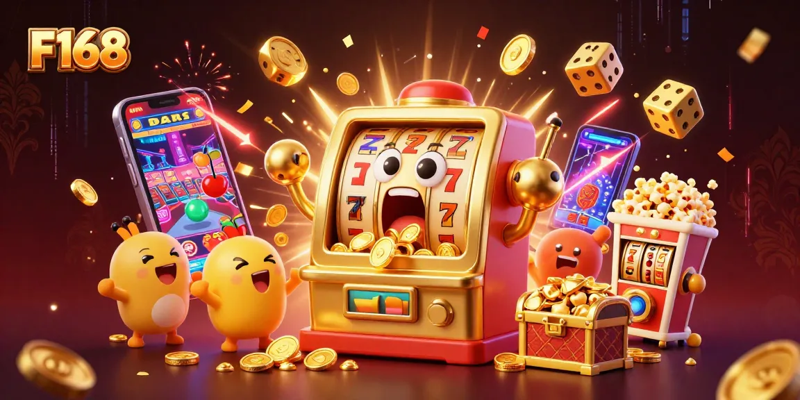 Experience the excitement of F168 as the golden slot machine hits a jackpot with coins pouring out.