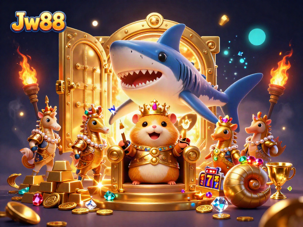 Engage with Jw88 in this vibrant casino illustration featuring treasure, games, and royal elements.