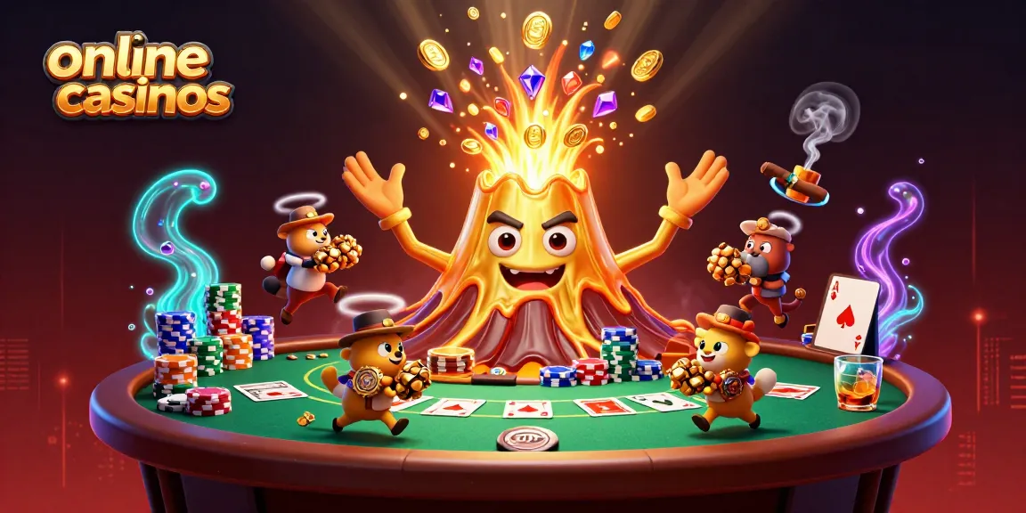 Experience the excitement of online casinos with a golden volcano erupting coins as animals escape with treasure.