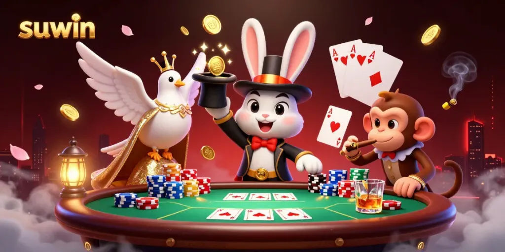 Experience suwin's vibrant casino scene with a magical theme, showcasing card games and playful characters.