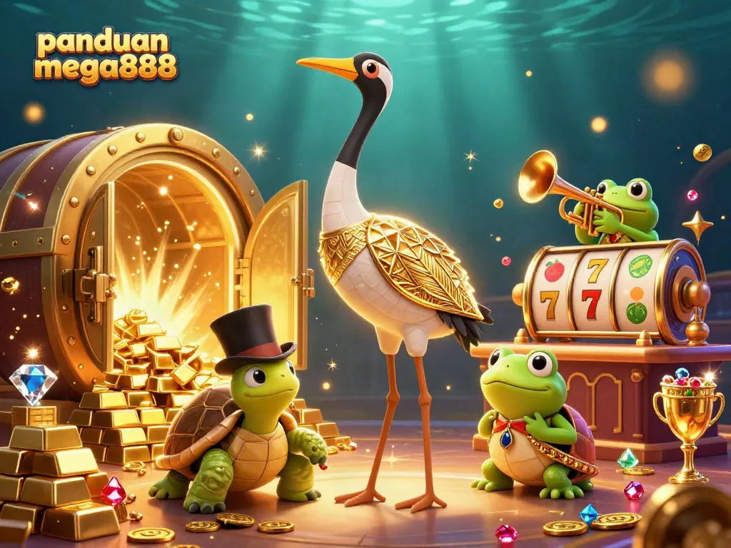 Engage with panduan mega888 strategies in this vibrant 3D casino scene showcasing colorful slots and lively characters.