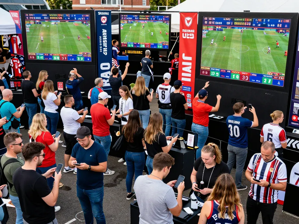 Excited fans engaging in sports betting at CM88 event with live score displays