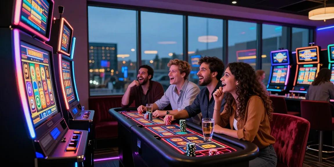 Group enjoying slot gacor malam ini in a vibrant casino setting with colorful lights.